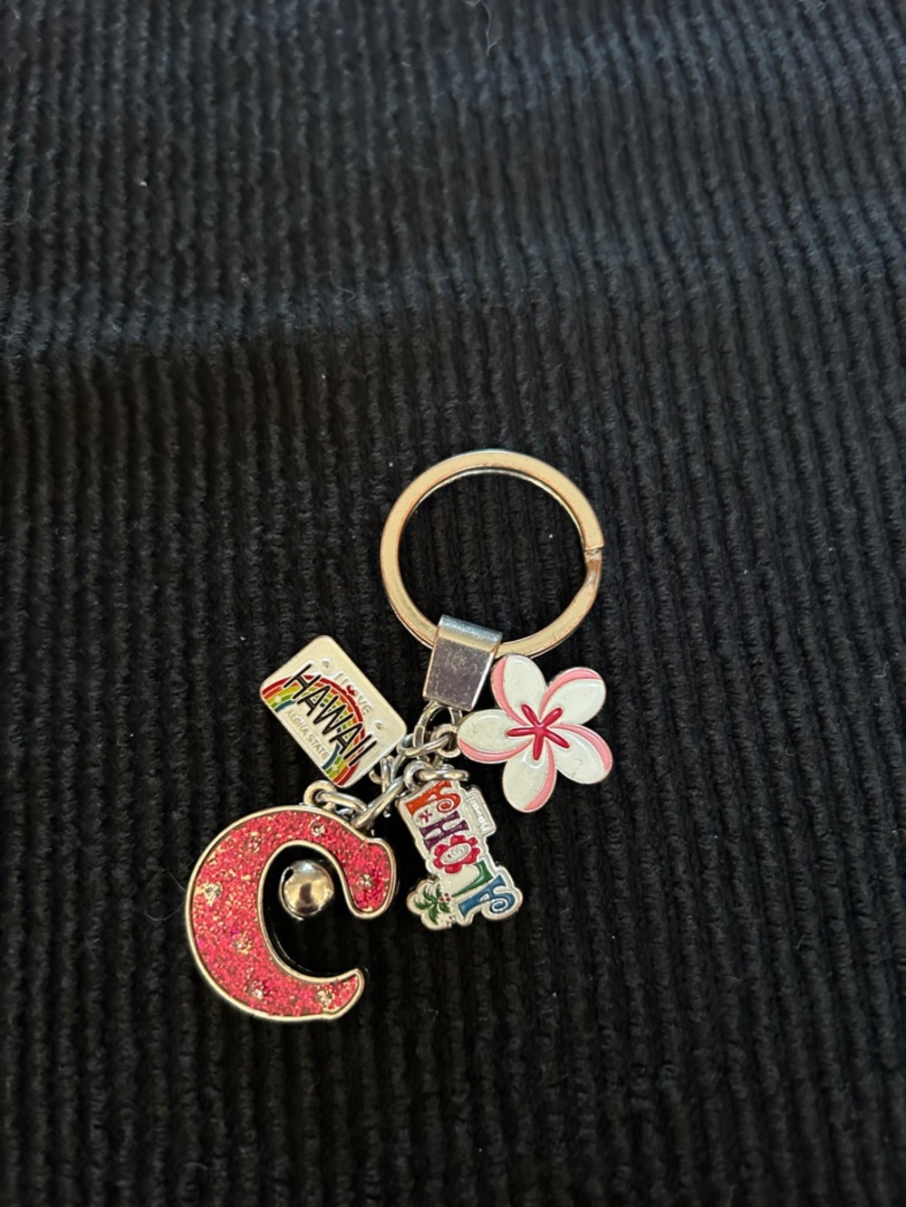 Pink Glitter 'C' Charm Keychain with Flower and Hawaii Tags